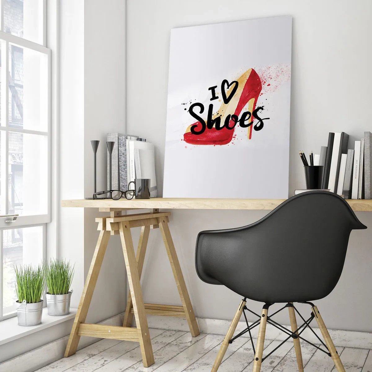 Cuadro sobre vidrio - Impresiones sobre Vidrio - Un tacón alto rojo y la frase "Me encantan los zapatos" sobre un fondo claro. - 50x70cm - El amor tiene más de un nombre - Decoración de pared moderna para salón y dormitorio ARTTOR
