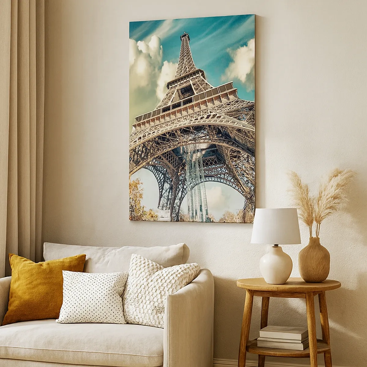 Cuadro sobre lienzo - Impresión de Imagen - La Torre Eiffel desde abajo en un entorno otoñal - 50x70cm - Y en París, en otoño... - Decoración de pared moderna para salón y dormitorio ARTTOR
