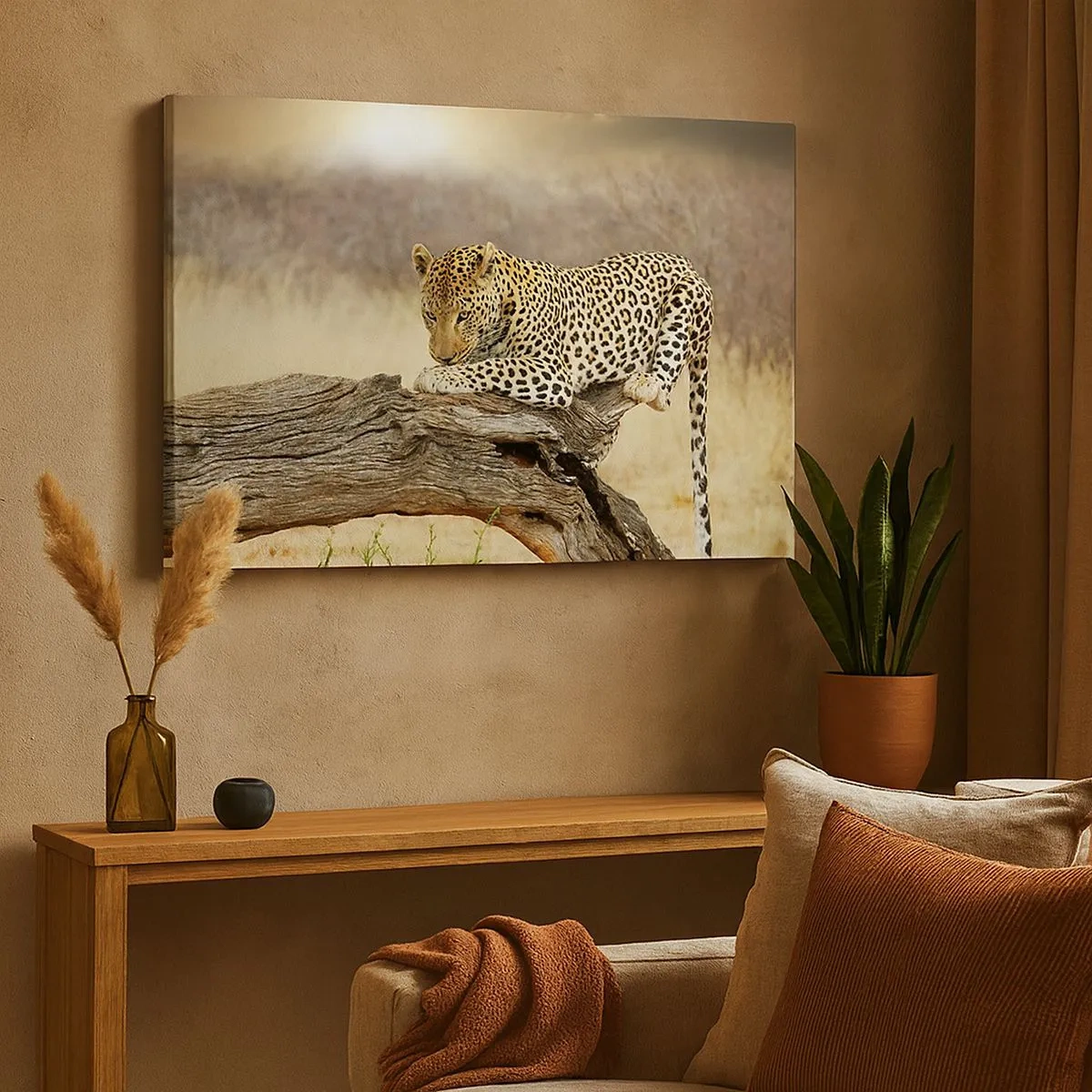 Cuadro sobre lienzo - Impresión de Imagen - Un leopardo descansando en el tronco de un árbol en la sabana. - 70x50cm - Voy por mi cuenta - Decoración de pared moderna para salón y dormitorio ARTTOR