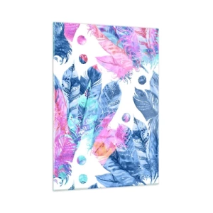 Cuadro sobre vidrio - Impresiones sobre Vidrio - Plumas de colores en tonos rosa y azul sobre un fondo blanco. - 50x70cm - Plumas de color rosa y azul - Decoración de pared moderna para salón y dormitorio ARTTOR