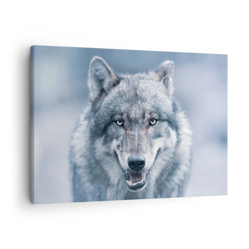 Cuadro sobre lienzo - Impresión de Imagen - Un lobo con una mirada intensa en un paisaje invernal. - 70x50cm - ¿Aceptarás el reto? - Decoración de pared moderna para salón y dormitorio ARTTOR