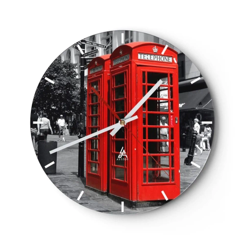 Reloj de pared - Reloj de vidrio - Cabinas telefónicas rojas con la ciudad como telón de fondo - 30x30cm - Cabinas telefónicas rojas - Decoración de pared moderna para salón, cocina y dormitorio ARTTOR