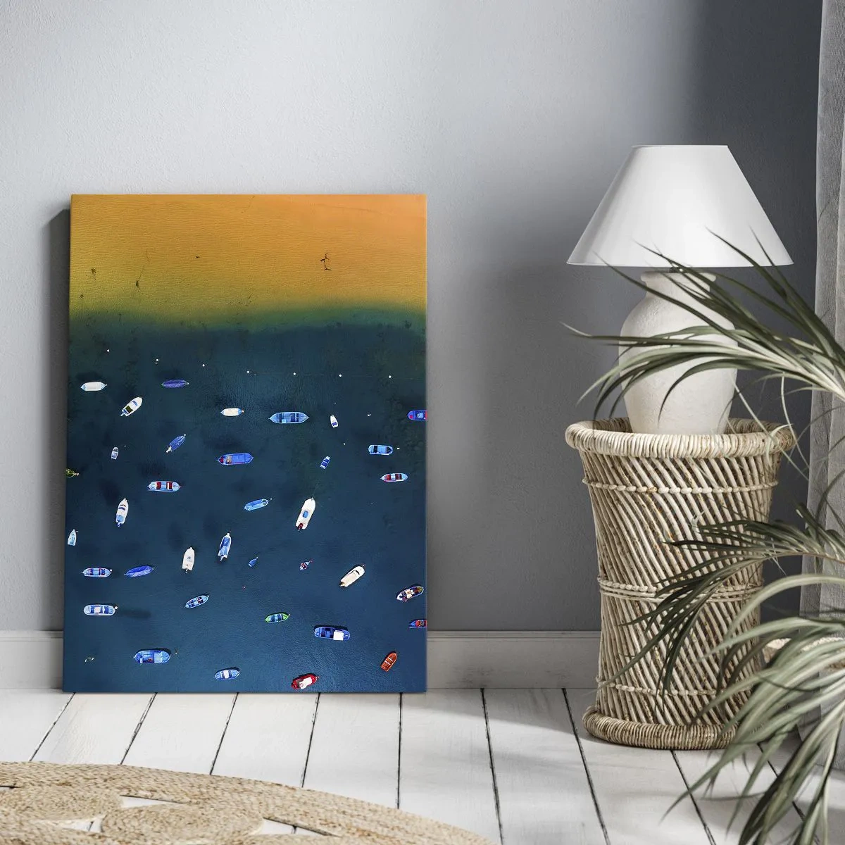 Cuadro sobre lienzo - Impresión de Imagen - Vista aérea de barcos en el agua y una orilla arenosa. - 50x70cm - Un juego de vacaciones - Decoración de pared moderna para salón y dormitorio ARTTOR