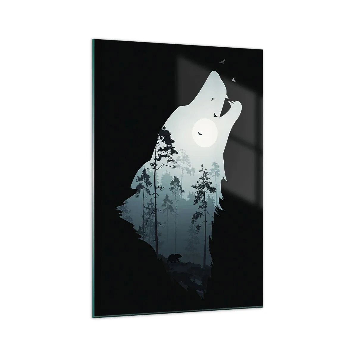 Cuadro sobre vidrio - Impresiones sobre Vidrio - Silueta de un lobo con un bosque y la luna al fondo - 70x100cm - Voz de la noche del bosque - Decoración de pared moderna para salón y dormitorio ARTTOR