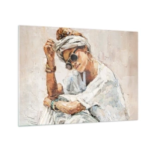 Cuadro sobre vidrio - Impresiones sobre Vidrio - Retrato de una mujer con gafas y turbante pintado con espátula - 70x50cm - Retrato a pleno sol - Decoración de pared moderna para salón y dormitorio ARTTOR