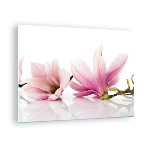 Cuadro sobre vidrio - Impresiones sobre Vidrio - Delicadas flores de magnolia sobre un fondo blanco. - 70x50cm - Suave como un soplo de primavera - Decoración de pared moderna para salón y dormitorio ARTTOR