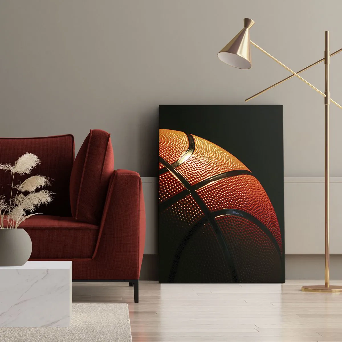 Cuadro sobre lienzo - Impresión de Imagen - Primer plano de una pelota de baloncesto sobre un fondo negro - 50x70cm - Hermoso como un planeta - Decoración de pared moderna para salón y dormitorio ARTTOR