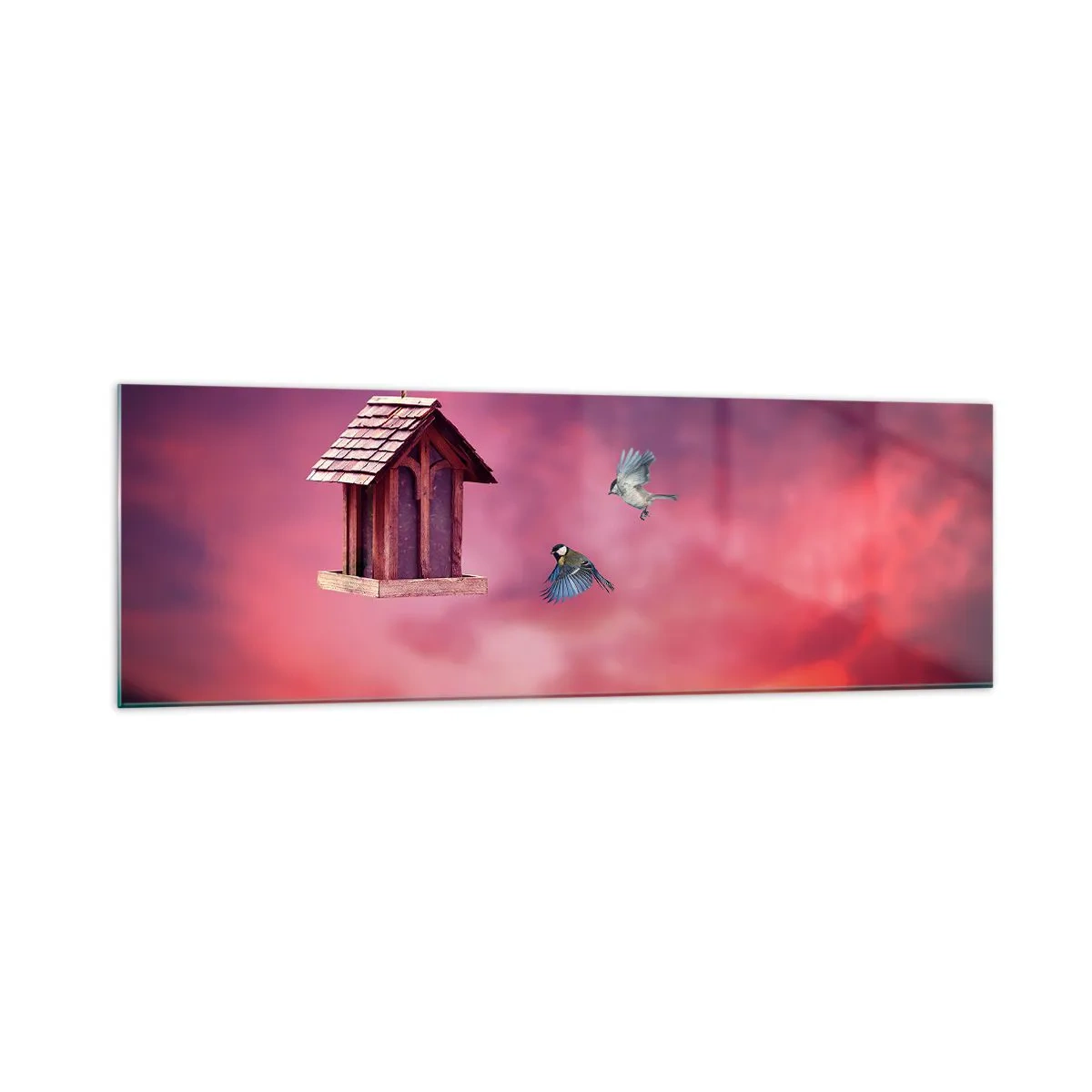 Cuadro sobre vidrio - Impresiones sobre Vidrio - Un paisaje pintoresco con una casa para pájaros y una puesta de sol. - 160x50cm - Invitación a una cena - Decoración de pared moderna para salón y dormitorio ARTTOR