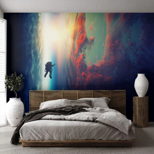 Fotomural Premium Sand - Un astronauta flotando en el espacio sobre la Tierra. - 100x70cm - Enfrentarse al universo - Decoración de pared moderna para salón y dormitorio ARTTOR