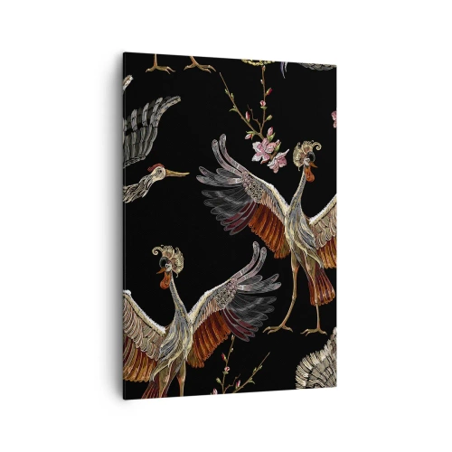Cuadro sobre lienzo - Impresión de Imagen - Grullas y flores elegantes sobre un fondo negro. - 70x100cm - Aves de cuento de hadas - Decoración de pared moderna para salón y dormitorio ARTTOR