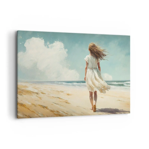 Cuadro sobre lienzo - Impresión de Imagen - Una mujer con un vestido blanco caminando por la playa en un día soleado. - 100x70cm - Al encuentro del sol y del viento - Decoración de pared moderna para salón y dormitorio ARTTOR