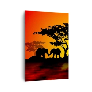 Cuadro sobre lienzo - Impresión de Imagen - Atardecer africano con siluetas de elefantes y jirafas sobre el agua - 70x100cm - Reunión en la sabana - Decoración de pared moderna para salón y dormitorio ARTTOR