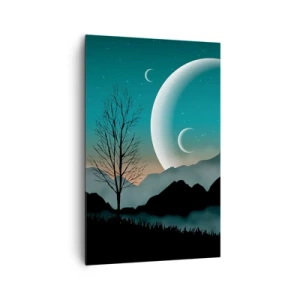 Cuadro sobre lienzo - Impresión de Imagen - Montañas brumosas con la luna y un árbol solitario. - 80x120cm - Un carnaval de noche estrellada - Decoración de pared moderna para salón y dormitorio ARTTOR