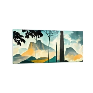 Cuadro sobre vidrio - Impresiones sobre Vidrio - Un paisaje pintoresco con árboles y montañas al fondo. - 120x50cm - Cada vez a más altitud - Decoración de pared moderna para salón y dormitorio ARTTOR