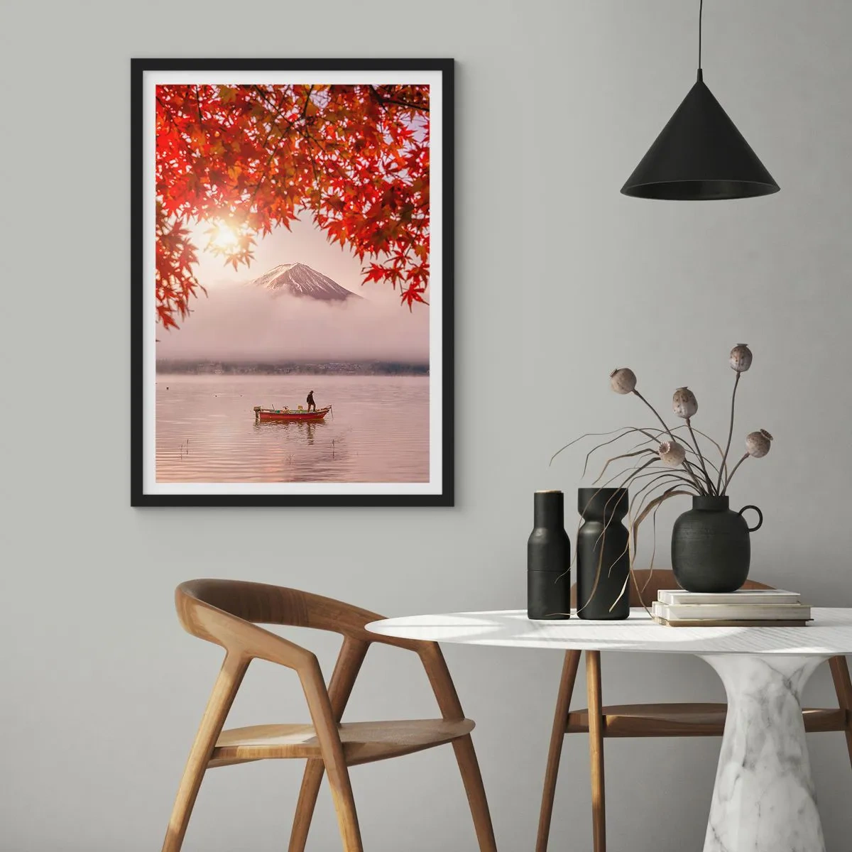 Póster en marco negro - Monte Fuji con un barco en un lago y hojas de otoño - 50x70cm - Estilo japonés - Decoración de pared moderna para salón y dormitorio ARTTOR