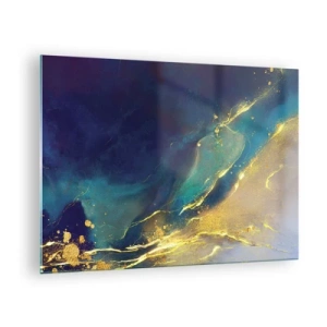 Cuadro sobre vidrio - Impresiones sobre Vidrio - Una composición abstracta en tonos azul marino, turquesa y dorado. - 70x50cm - Inundación dorada - Decoración de pared moderna para salón y dormitorio ARTTOR