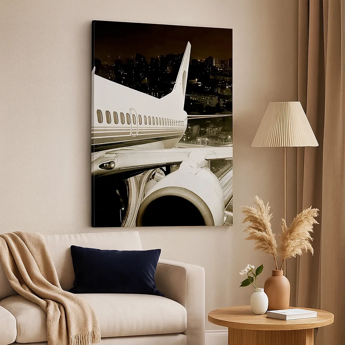 Cuadro sobre lienzo - Impresión de Imagen - Un avión sobre una ciudad nocturna con carreteras iluminadas. - 50x70cm - Vuela hacia la noche - Decoración de pared moderna para salón y dormitorio ARTTOR