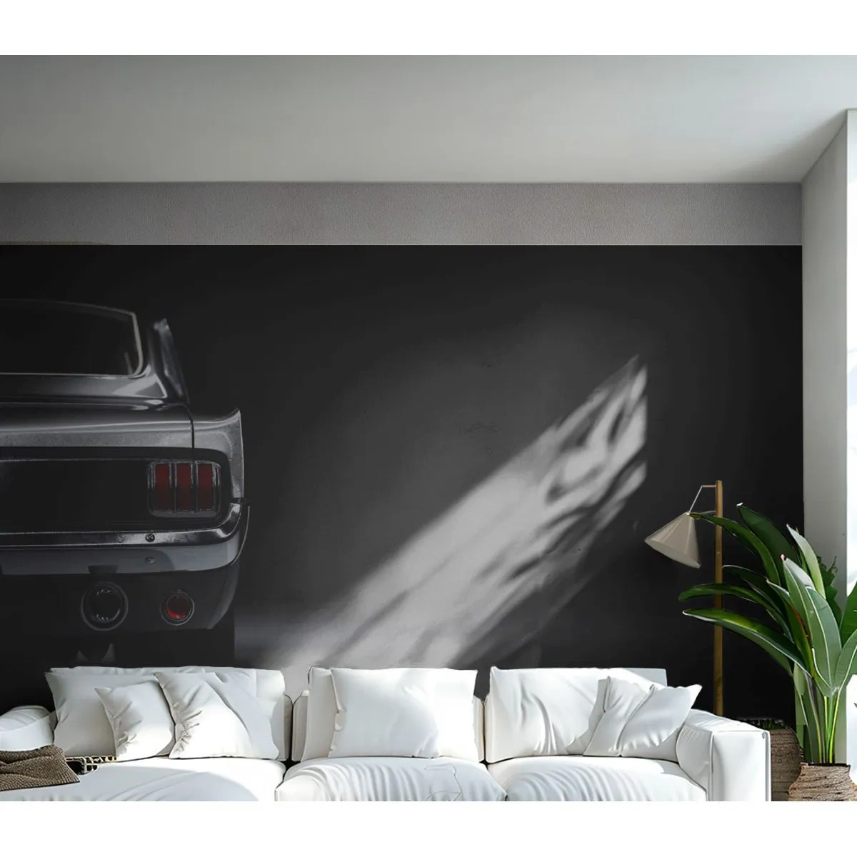 Fotomural Premium Sand - Un icónico coche negro con el telón de fondo de un garaje oscuro. - 100x70cm - El encanto de los clásicos - Decoración de pared moderna para salón y dormitorio ARTTOR