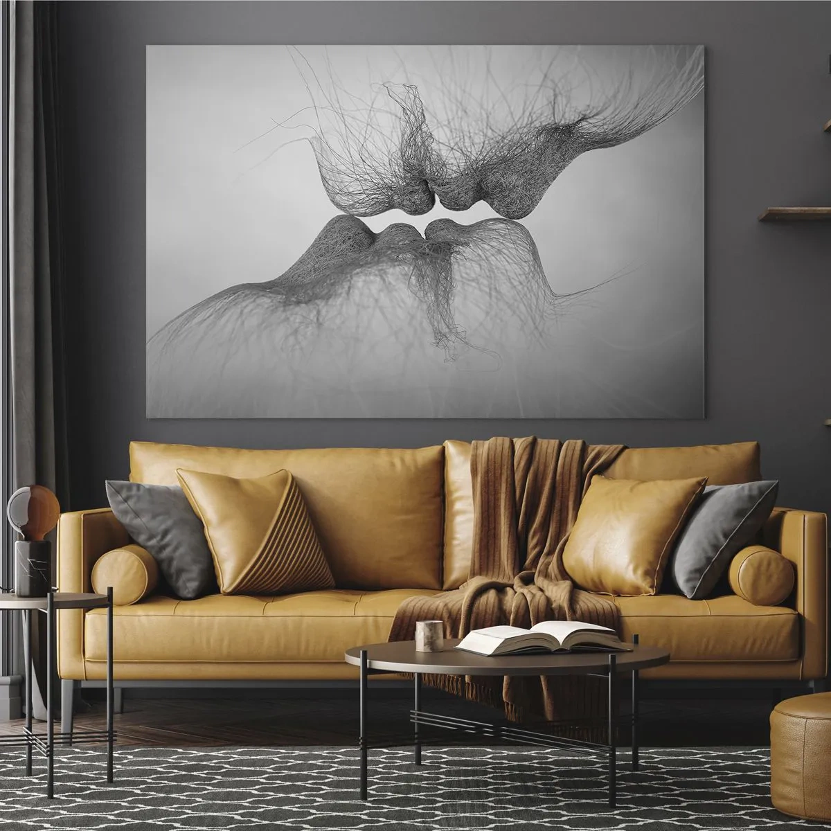 Cuadro sobre vidrio - Impresiones sobre Vidrio - Beso abstracto en blanco y negro - 70x50cm - Beso del viento - Decoración de pared moderna para salón y dormitorio ARTTOR