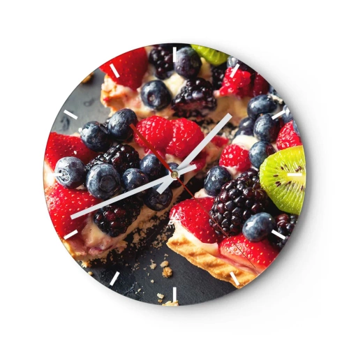 Reloj de pared - Reloj de vidrio - Postre de frutas con bayas y kiwi sobre fondo negro. - 30x30cm - ¡Dolce vita! - Decoración de pared moderna para salón, cocina y dormitorio ARTTOR