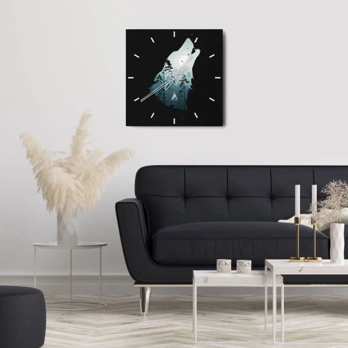 Reloj de pared - Reloj de vidrio - Silueta de un lobo con un bosque y la luna al fondo - 30x30cm - Voz de la noche del bosque - Decoración de pared moderna para salón y dormitorio ARTTOR