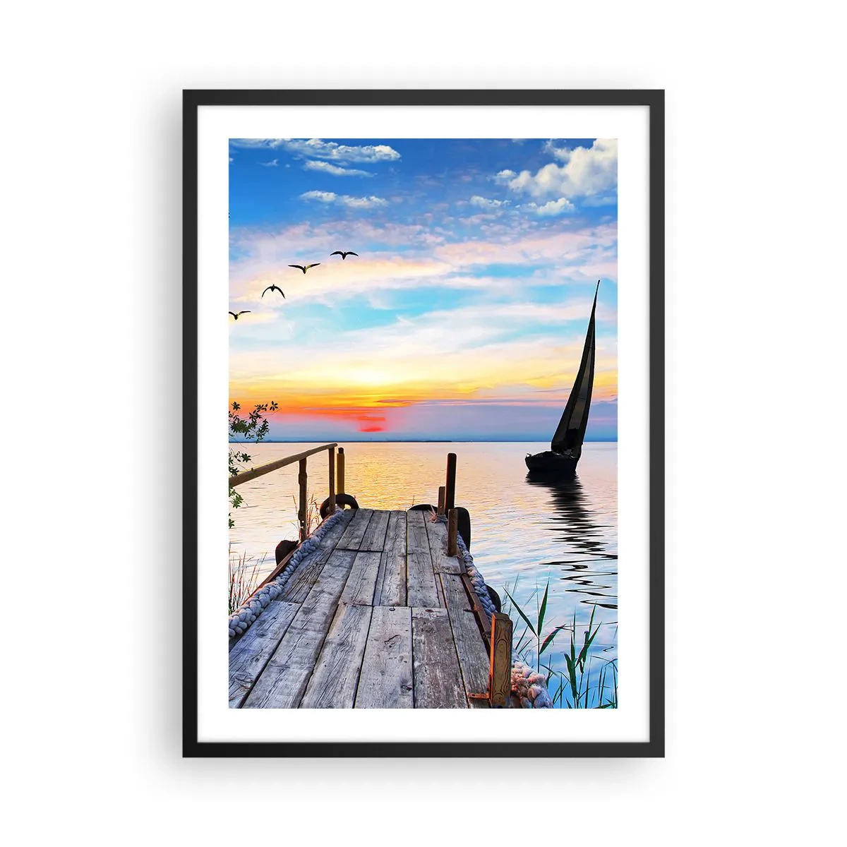 Póster en marco negro - Muelle junto al lago al atardecer - 50x70cm - Que llegue la noche - Decoración de pared moderna para salón y dormitorio ARTTOR
