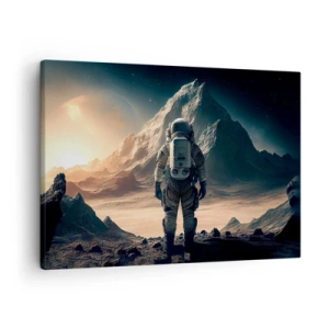 Cuadro sobre lienzo - Impresión de Imagen - Astronauta con el telón de fondo de majestuosas montañas - 70x50cm - Un nuevo reto - Decoración de pared moderna para salón y dormitorio ARTTOR