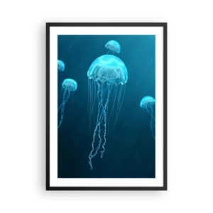 Póster en marco negro - Medusas flotando en las aguas azules del océano. - 50x70cm - Danza oceánica - Decoración de pared moderna para salón y dormitorio ARTTOR