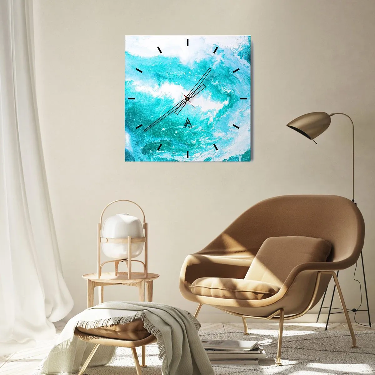 Reloj de pared - Reloj de vidrio - Remolino abstracto en tonos azules - 30x30cm - En el núcleo del elemento - Decoración de pared moderna para salón y dormitorio ARTTOR