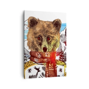 Cuadro sobre lienzo - Impresión de Imagen - Un oso con un suéter y una bufanda con una casa de montaña al fondo. - 70x100cm - Así paso yo el invierno - Decoración de pared moderna para salón y dormitorio ARTTOR
