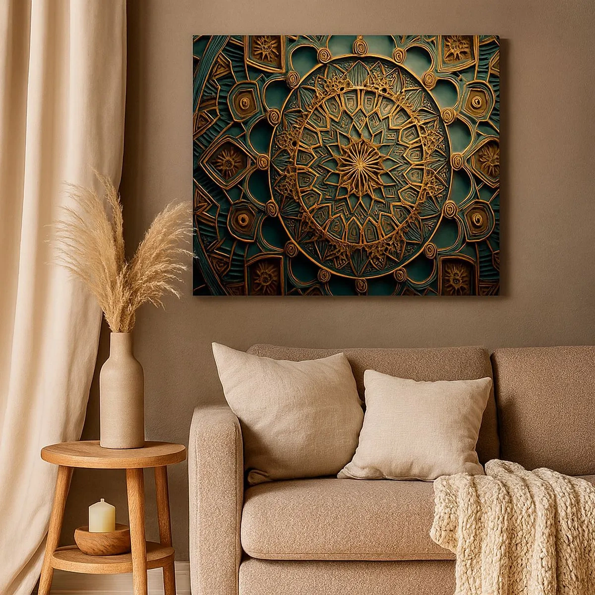 Cuadro sobre lienzo - Impresión de Imagen - Un mandala dorado sobre un fondo turquesa con ricos detalles. - 70x50cm - En un clima árabe - Decoración de pared moderna para salón y dormitorio ARTTOR