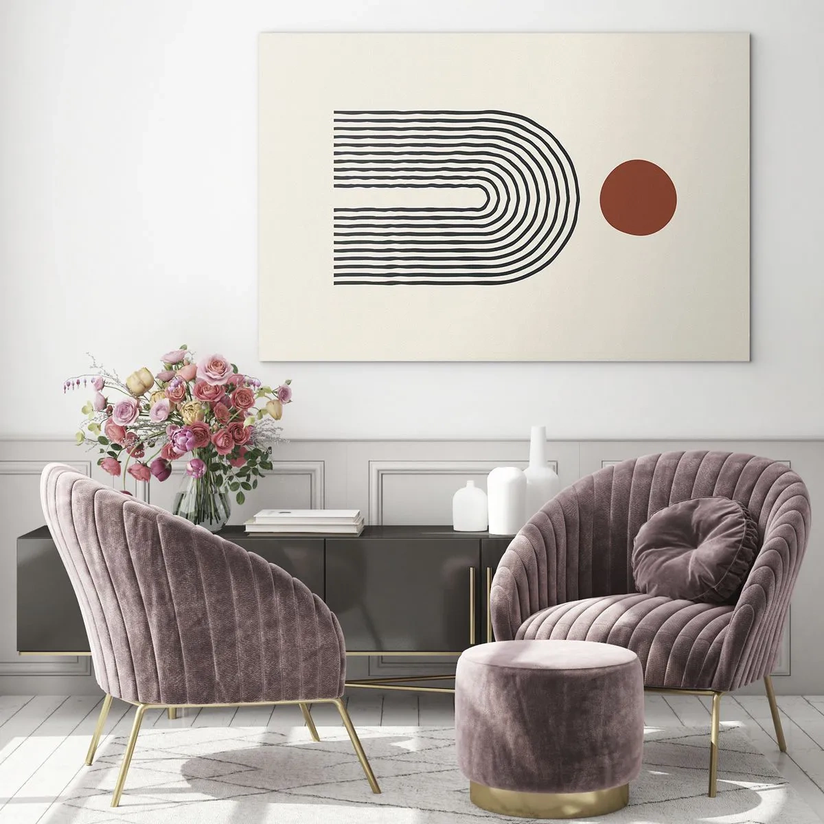 Cuadro sobre vidrio - Impresiones sobre Vidrio - Abstracción gráfica con líneas y círculos en estilo retro. - 120x80cm - Magnetismo de formas y colores - Decoración de pared moderna para salón y dormitorio ARTTOR