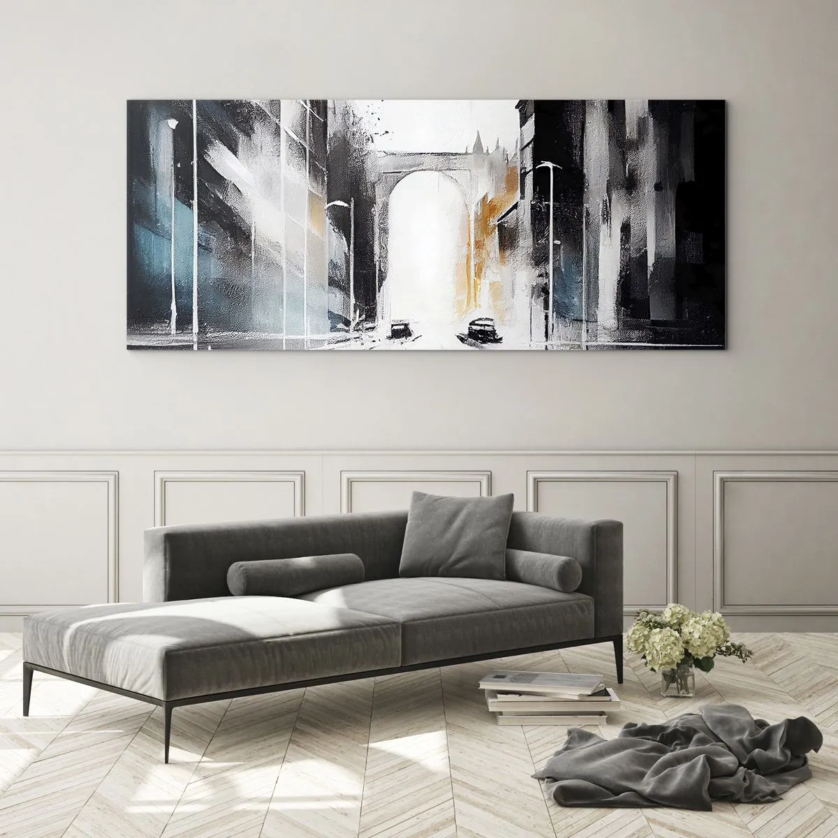 Cuadro sobre vidrio - Impresiones sobre Vidrio - Panorama abstracto de la ciudad con un puente arqueado - 140x50cm - Estudio de la ciudad: arquitectura y movimiento - Decoración de pared moderna para salón y dormitorio ARTTOR