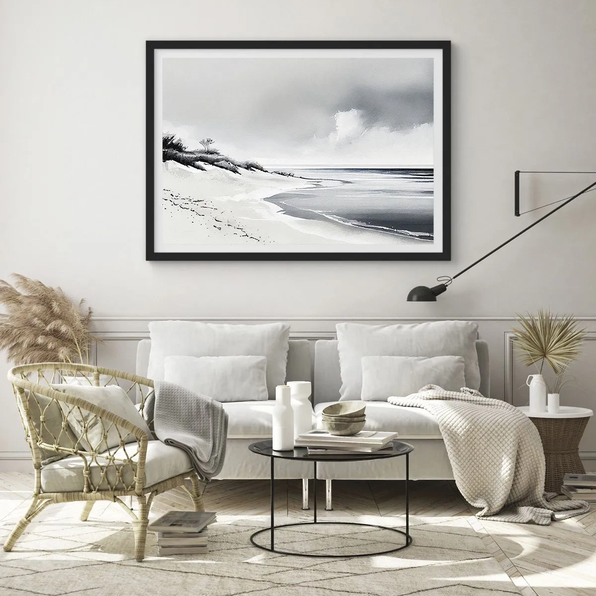 Póster en marco negro - Una playa en tonos tenues de gris y azul. - 100x70cm - Juntos desde el principio de los tiempos - Decoración de pared moderna para salón y dormitorio ARTTOR