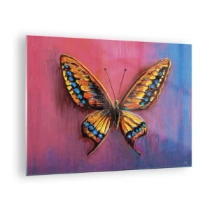 Cuadro sobre vidrio - Impresiones sobre Vidrio - Una mariposa colorida sobre un fondo en tonos rosa y morado. - 70x50cm - Una joya de la naturaleza - Decoración de pared moderna para salón y dormitorio ARTTOR