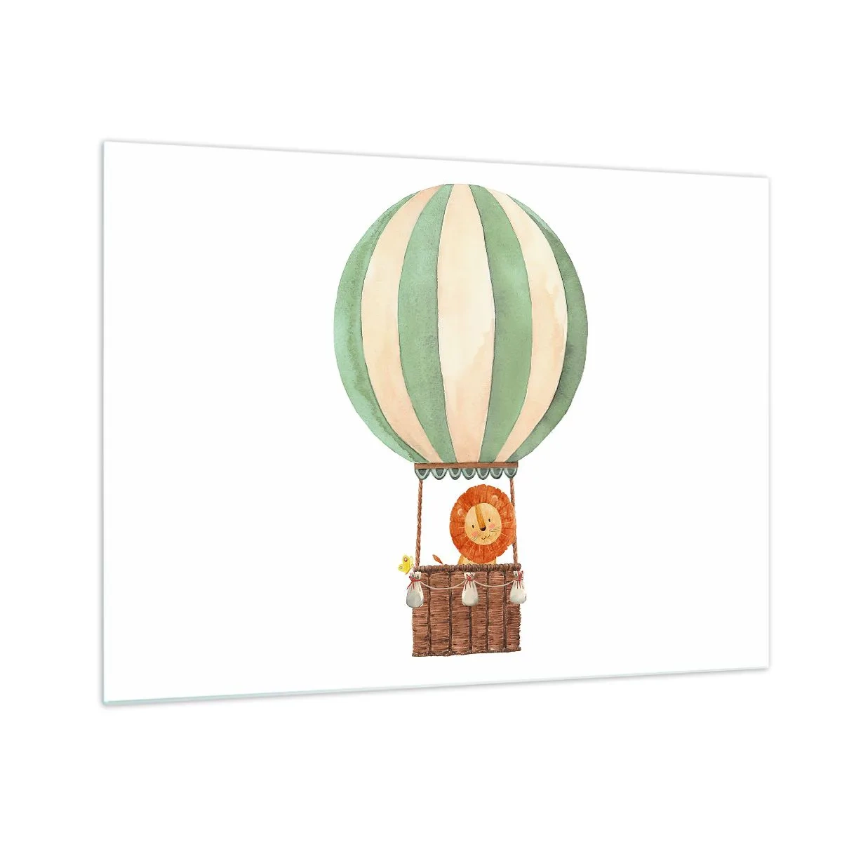 Cuadro sobre vidrio - Impresiones sobre Vidrio - Un león en una canasta de globos flotando sobre un fondo blanco. - 70x50cm - Los viajes del león - Decoración de pared moderna para salón y dormitorio ARTTOR