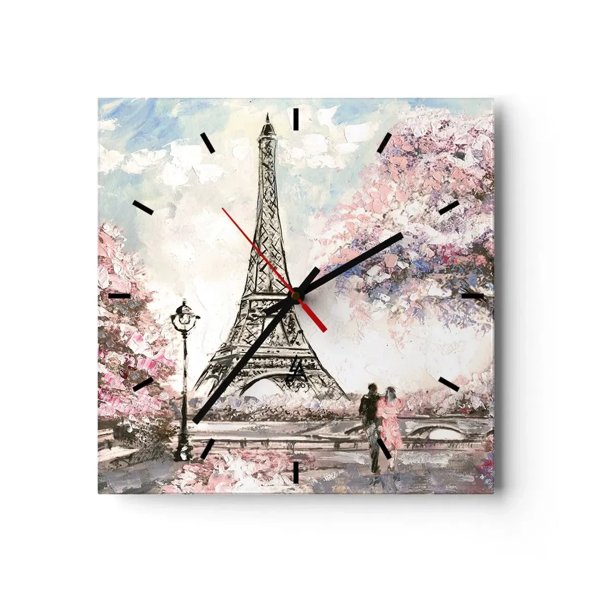 Reloj de pared - Reloj de vidrio - La Torre Eiffel rodeada de árboles en flor. - 30x30cm - Un paseo por París en abril - Decoración de pared moderna para salón y dormitorio ARTTOR