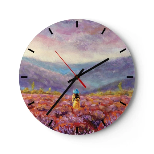 Reloj de pared - Reloj de vidrio - Una mujer con sombrero en un campo de lavanda con vistas a las montañas. - 30x30cm - En un mundo de lavanda - Decoración de pared moderna para salón, cocina y dormitorio ARTTOR