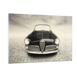 Cuadro sobre vidrio - Impresiones sobre Vidrio - Coche clásico en carretera adoquinada en blanco y negro - 120x80cm - ¿Y cómo no quererme? - Decoración de pared moderna para salón y dormitorio ARTTOR
