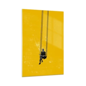 Cuadro sobre vidrio - Impresiones sobre Vidrio - Una persona en un columpio sobre un fondo de color amarillo intenso. - 70x100cm - Un día como cualquier otro - Decoración de pared moderna para salón y dormitorio ARTTOR