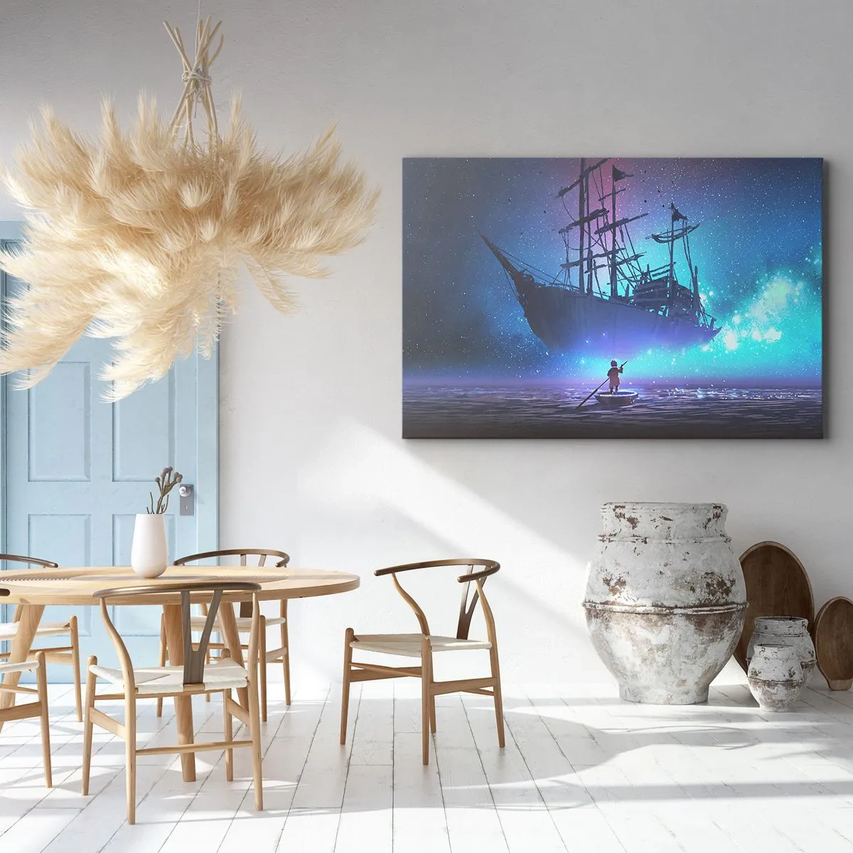 Cuadro sobre lienzo - Impresión de Imagen - Un barco fantástico contra el cielo estrellado. - 70x50cm - El encuentro con el mito del mar - Decoración de pared moderna para salón y dormitorio ARTTOR