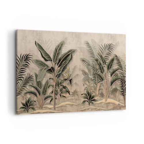 Cuadro sobre lienzo - Impresión de Imagen - Palmeras y vegetación tropical en tonos verdes sobre fondo beige. - 120x80cm - Grabados de estilo colonial - Decoración de pared moderna para salón y dormitorio ARTTOR