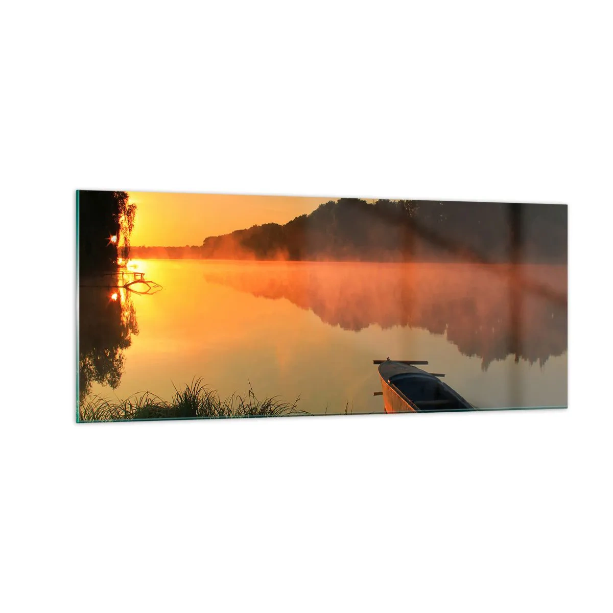 Cuadro sobre vidrio - Impresiones sobre Vidrio - Amanecer sobre el agua como la superficie de un espejo - 100x40 cm