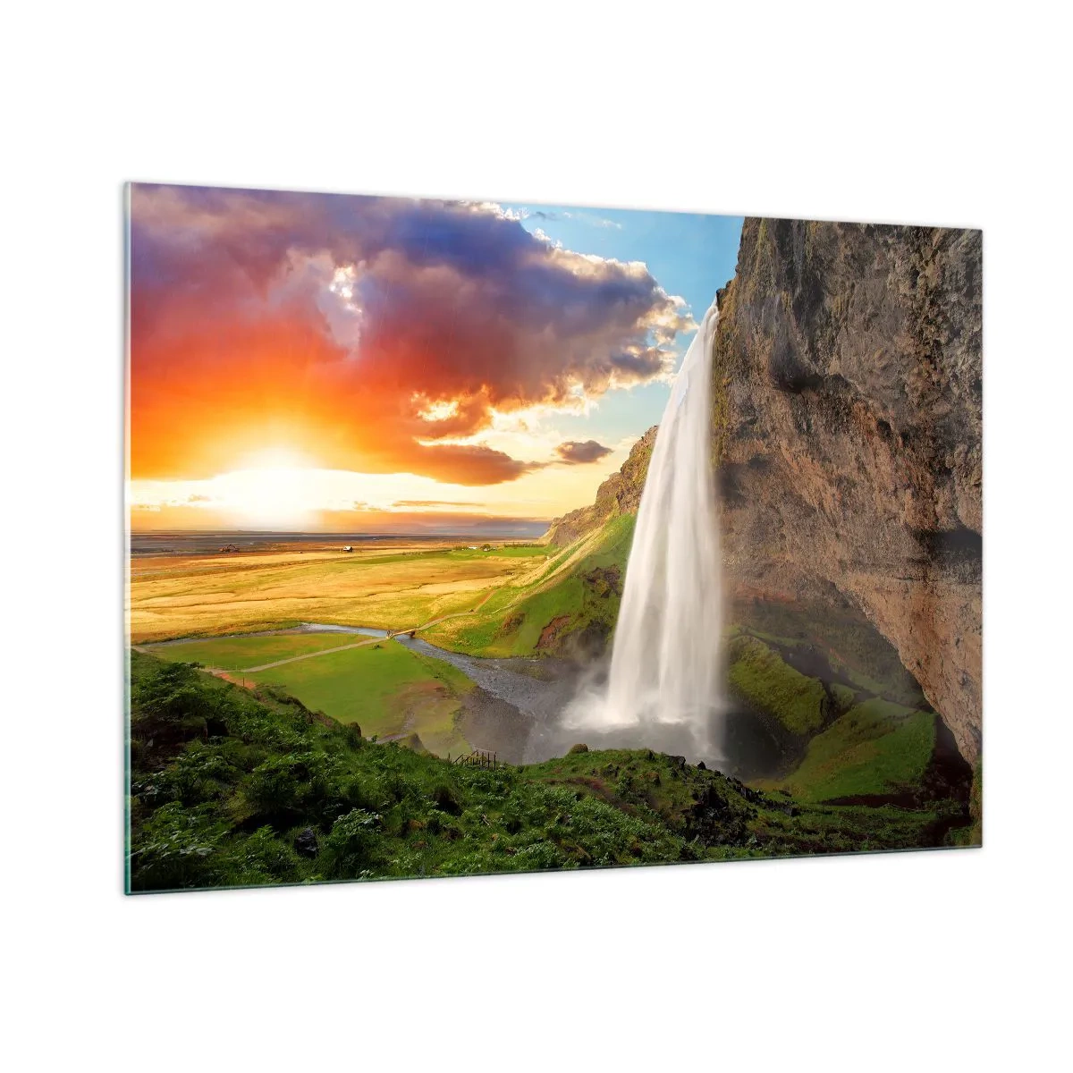 Cuadro sobre vidrio - Impresiones sobre Vidrio - Cascada islandesa bajo los rayos del sol poniente - 100x70cm - La plenitud del verano islandés - Decoración de pared moderna para salón y dormitorio ARTTOR