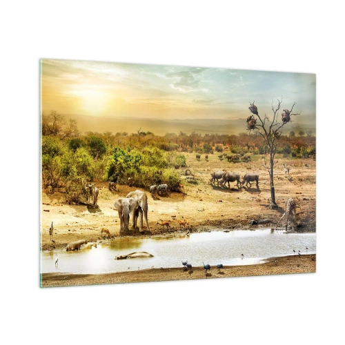 Cuadro sobre vidrio - Impresiones sobre Vidrio - Elefantes y animales en un abrevadero con un paisaje africano como telón de fondo. - 100x70cm - Y del Edén fluyó un río... - Decoración de pared moderna para salón y dormitorio ARTTOR