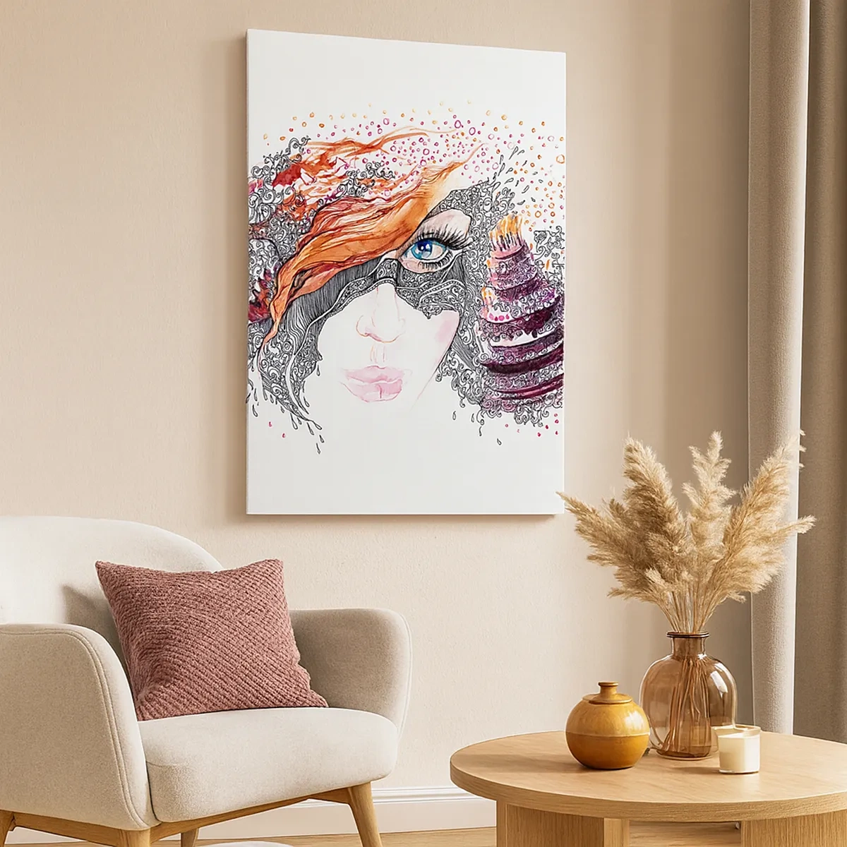 Cuadro sobre lienzo - Impresión de Imagen - Retrato artístico de una mujer con detalles y acento rojo. - 50x70cm - Con ella cada día es una fiesta - Decoración de pared moderna para salón y dormitorio ARTTOR