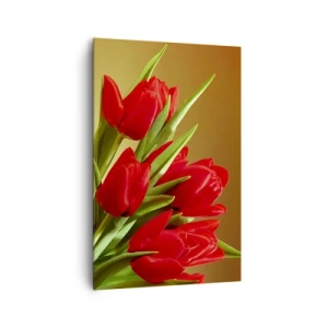 Cuadro sobre lienzo - Impresión de Imagen - Un ramo de tulipanes rojos sobre un fondo dorado con hojas verdes. - 80x120cm - Estallido de alegría primaveral - Decoración de pared moderna para salón y dormitorio ARTTOR