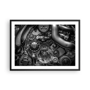 Póster en marco negro - Primer plano en blanco y negro de los detalles mecánicos de un motor de automóvil. - 70x50cm - La poesía de la mecánica - Decoración de pared moderna para salón y dormitorio ARTTOR