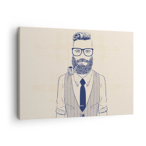 Cuadro sobre lienzo - Impresión de Imagen - Hombre estilizado con barba, pipa y gafas. - 70x50cm - Alegre, masculino y a la moda - Decoración de pared moderna para salón y dormitorio ARTTOR