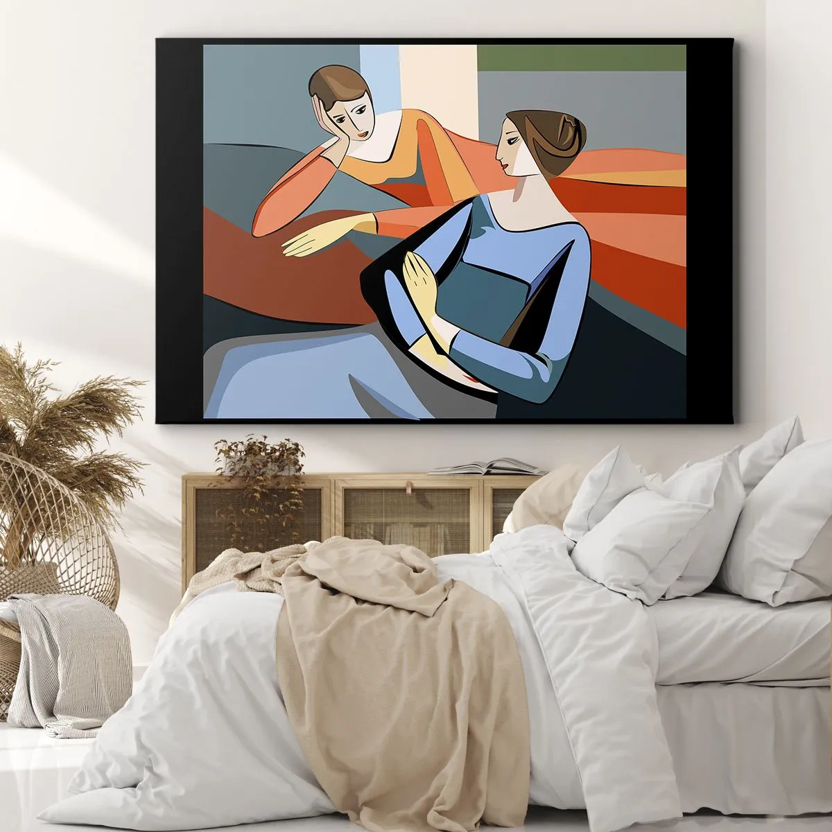 Cuadro sobre lienzo - Impresión de Imagen - Ilustración abstracta de dos mujeres en estilo cubista. - 100x70cm - Un momento de confidencias - Decoración de pared moderna para salón y dormitorio ARTTOR